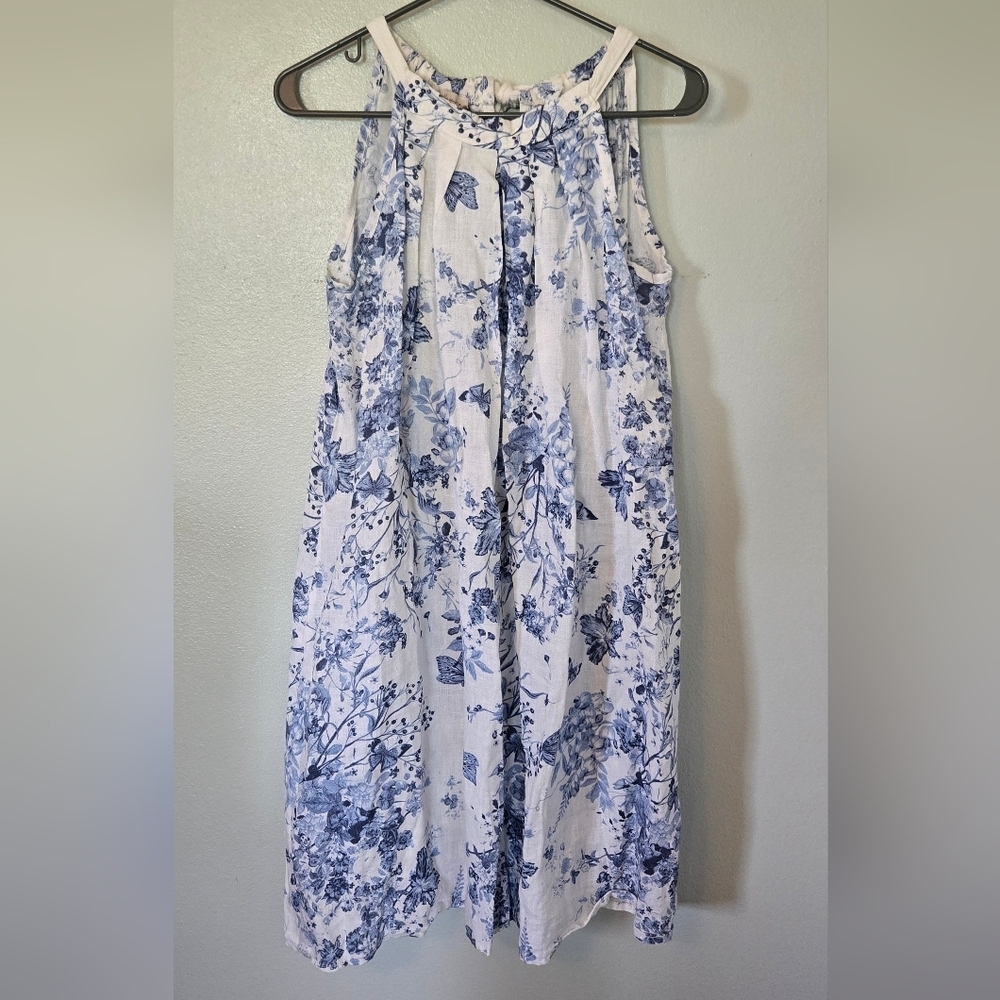 Bellambra Blue Floral 100% Linen Halter Neck Dress Size Medium